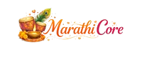 Marathicore logo with colorful typography, dhol drums, peacock feather and traditional diya design